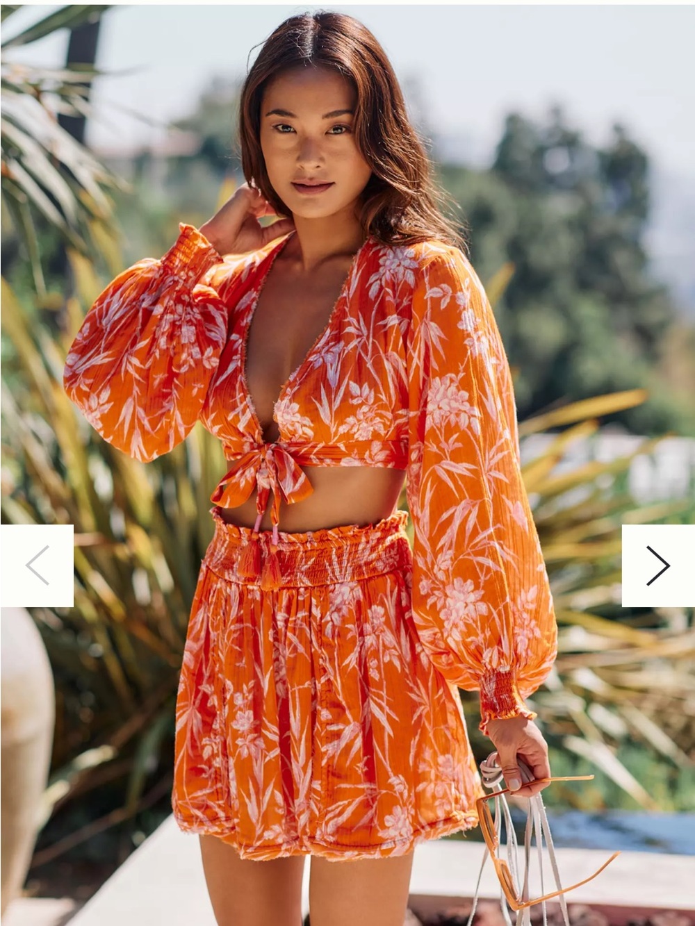 Orange Floral Tie-Front Crop Top
